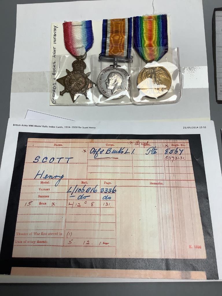 Two WW1 trios; 8567 L.Cpl Henry Scott, Oxford & Bucks LI. & 036682 Dvr H. Kennedy, A.S.C.